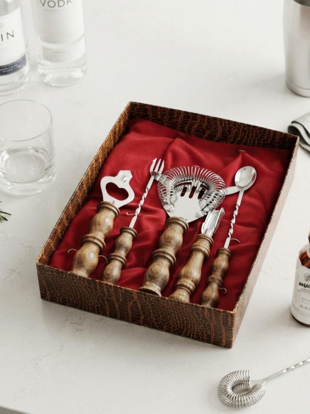 Vintage Wooden-Handled Bar Tool Set with Red Lining